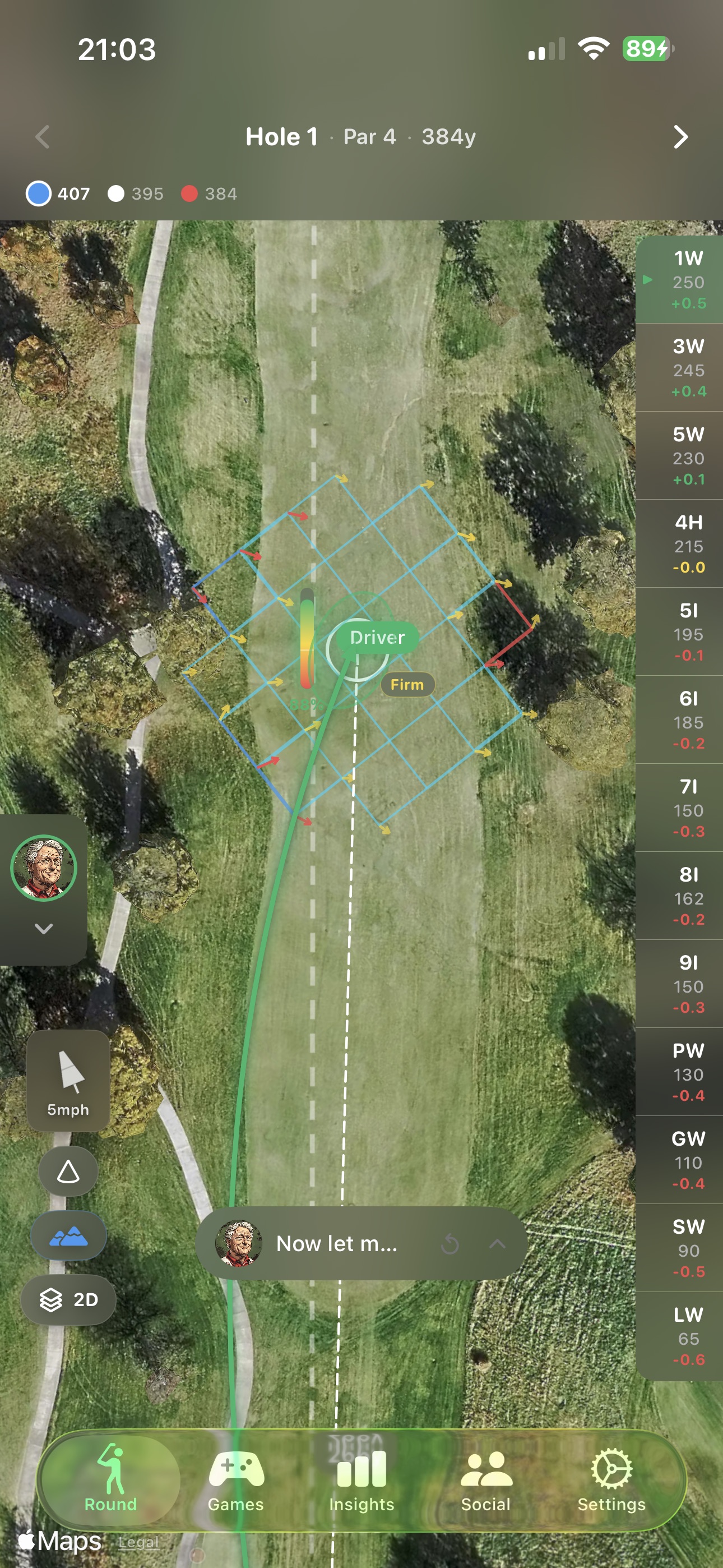 MetaCaddie satellite GPS view of a par-4 hole, used as the AI caddie's read of the lie and wind